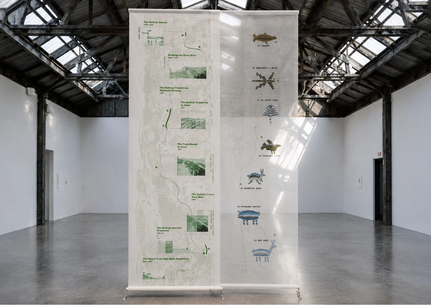 Beyond the Human Trace 双层长幅地图的最终展陈呈现，历史地图与物种图像并置