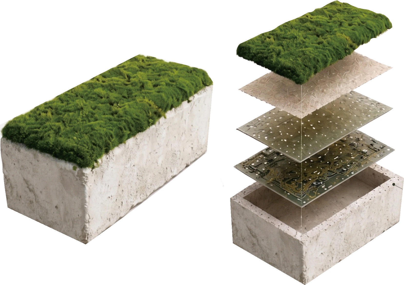 Sentinel Brick 哨兵砖的苔藓表层、白色砖体与内部层次分解设计图